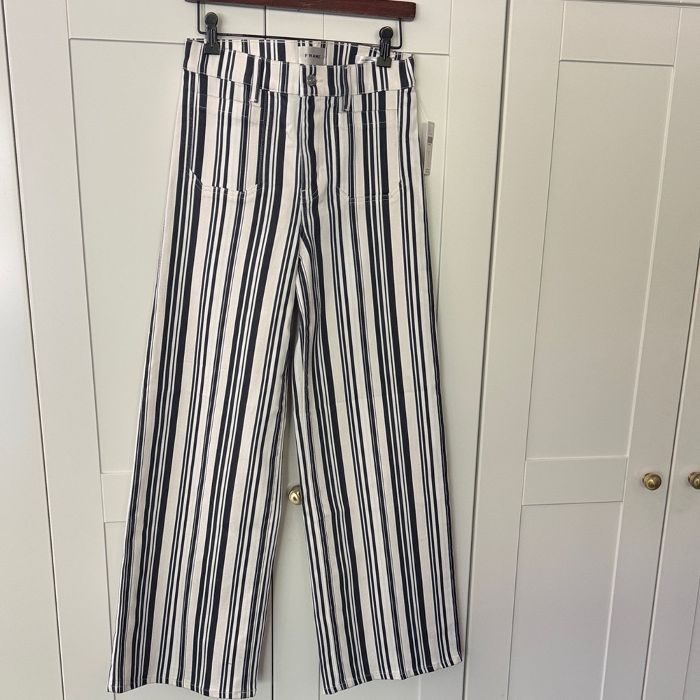 Frame Women’s Le Slim Palazzo striped Wide-Leg High-Rise Pants - Grey and White